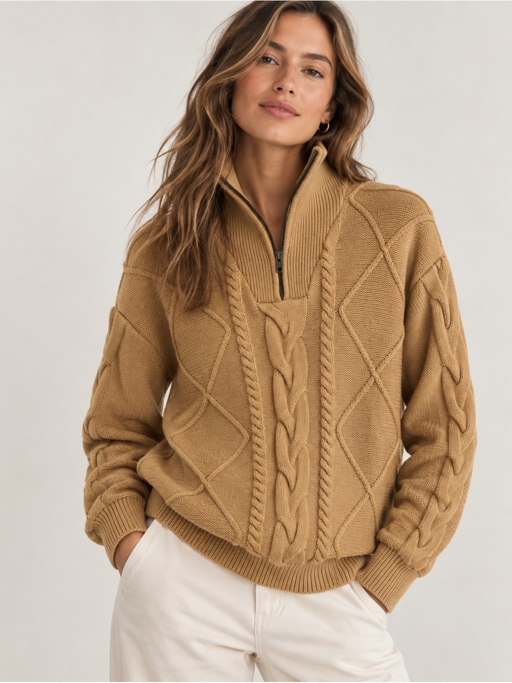 FIG Clothing Cable Knit Quarter Zip Sweater Camel Size Medium